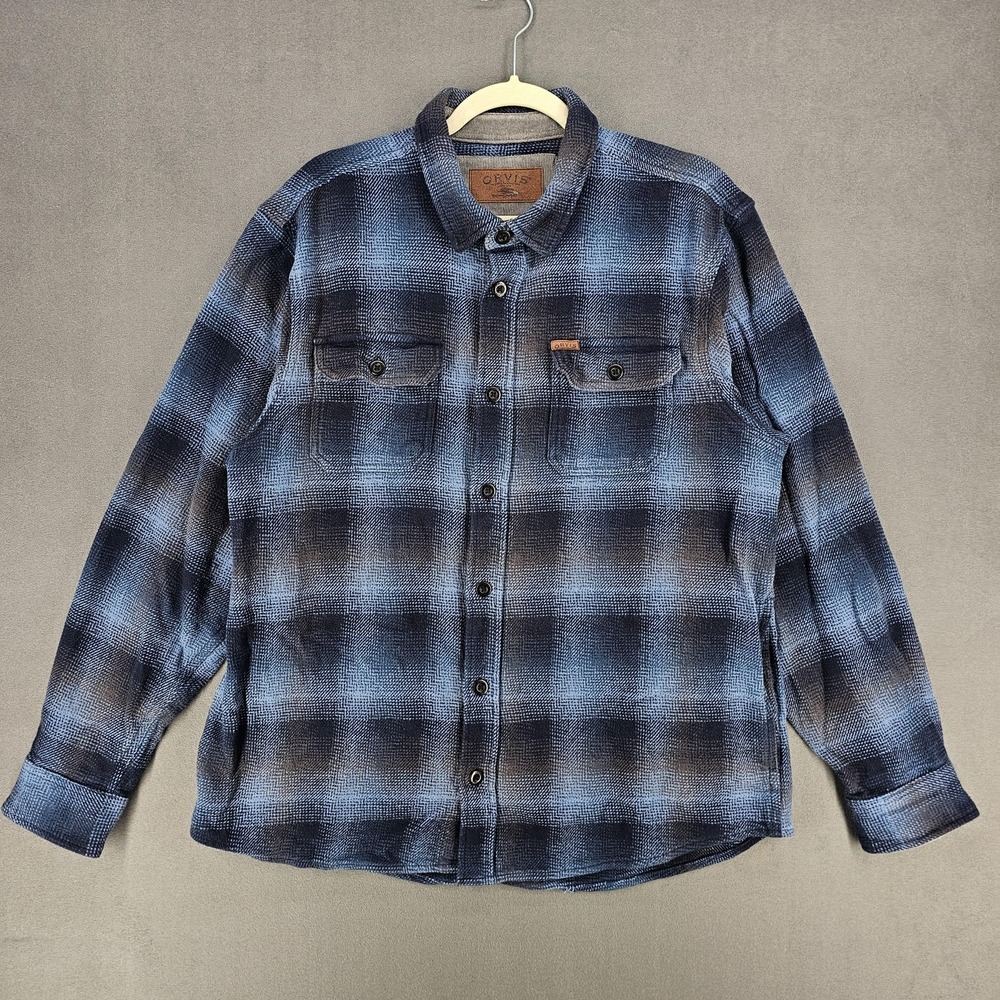 Orvis Shacket Shirt Jacket Mens‎ XL Blue Plaid Flannel Button Up Outdoors